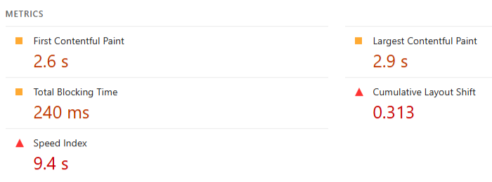Google PageSpeed Insights bad performance metrics: First Contentful Paint – 2.6s (needs improvement), Largest Contentful Paint – 2.9s (needs improvement), Total Blocking Time – 240ms (needs improvement), Cumulative Layout Shift – 0.313 (poor), and Speed Index – 9.4s (poor).